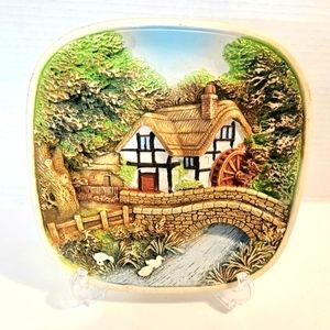 Vintage 1974 Legend Products England 3D Chalkware Wall Plate Cottage and Bridge